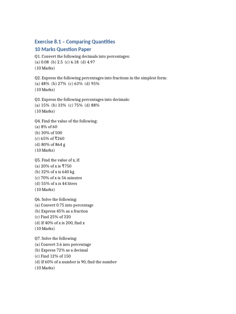 Comparing Percentages and Decimals | PDF