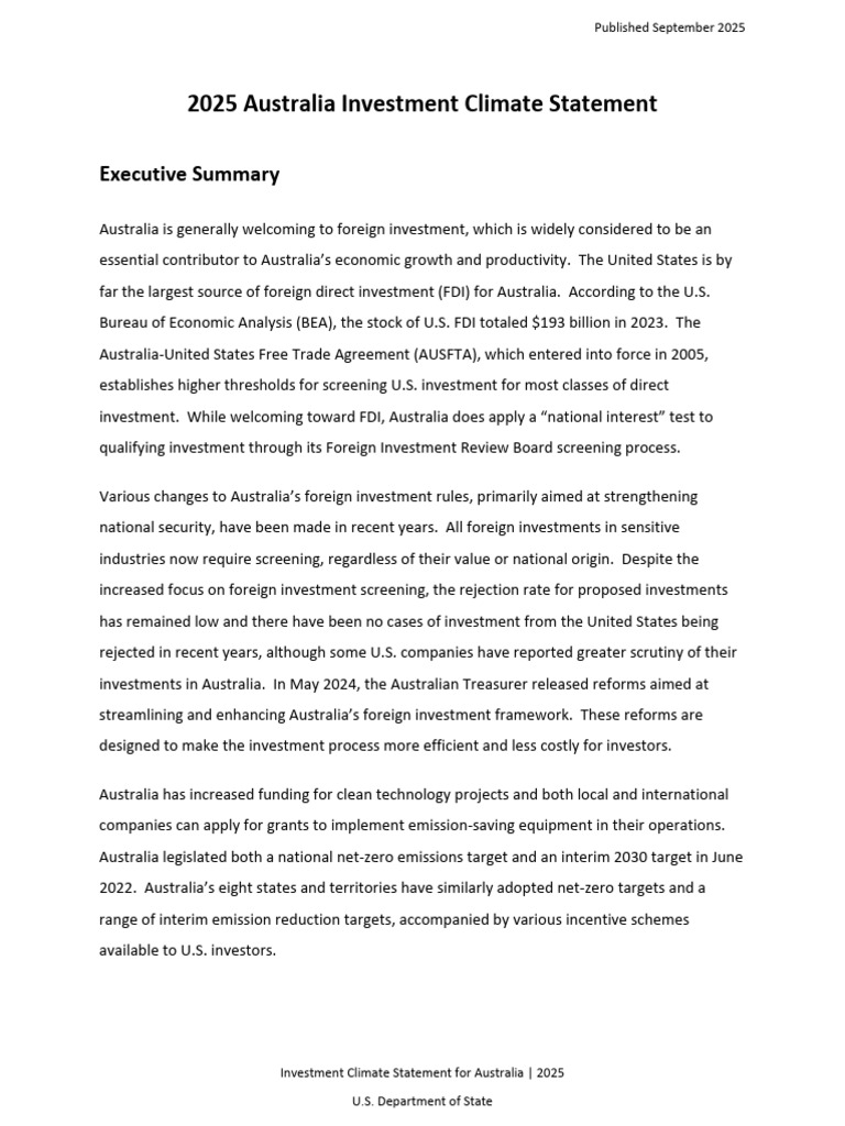 2025 Australia Investment Climate Statement | PDF | Alternative Dispute ...