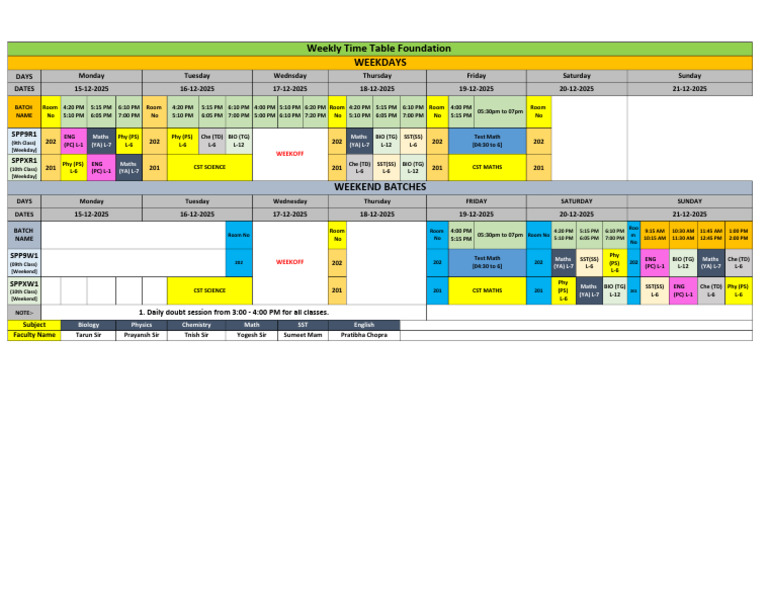 Foundation Time Table 15 Dec - 21 Dec 2025 | PDF | Workweek And Weekend ...