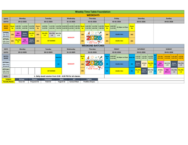 Foundation Time Table 29 Dec -04 Jan 2026 | PDF | Workweek And Weekend ...