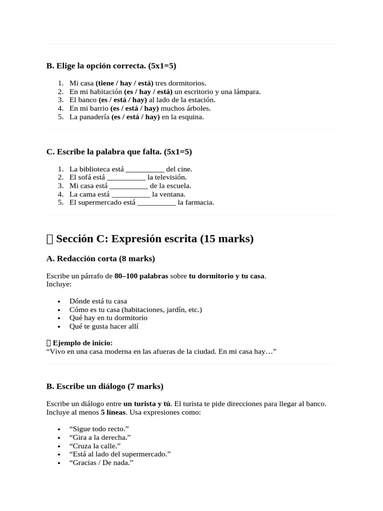 Ejercicio de Español: Casa y Direcciones | PDF