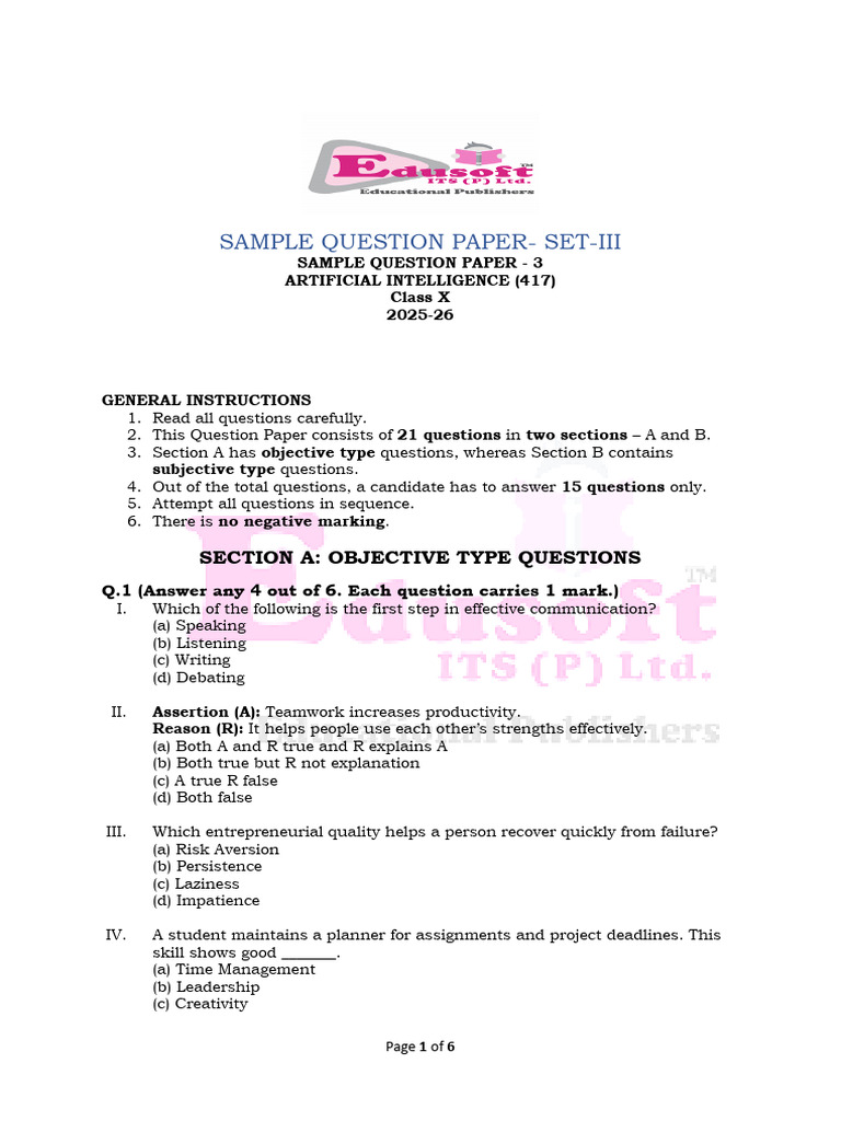 Class X AI Sample Question Paper 2025-26 | PDF | Artificial ...
