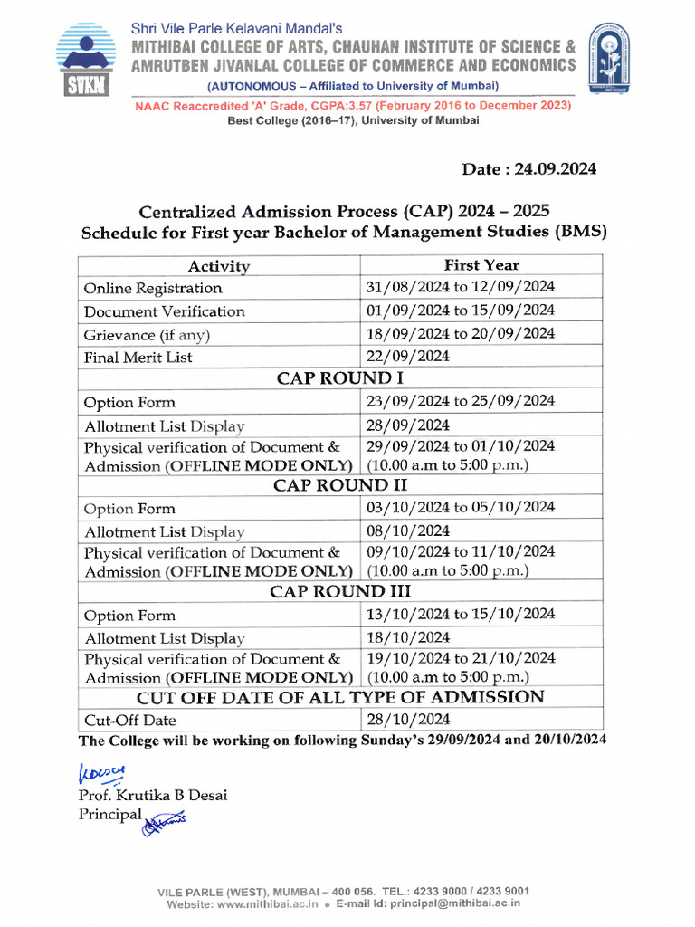CAP Schedule BMS Admission | PDF