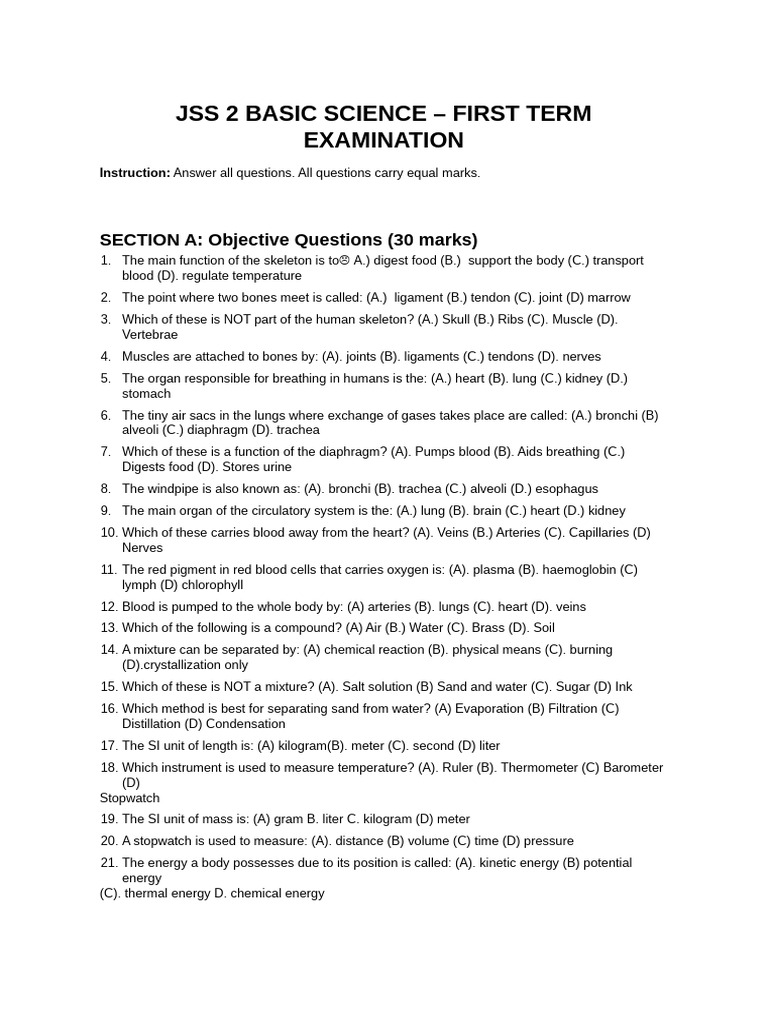 JSS 2 Basic Science First Term Exam | PDF | Lung | Breathing