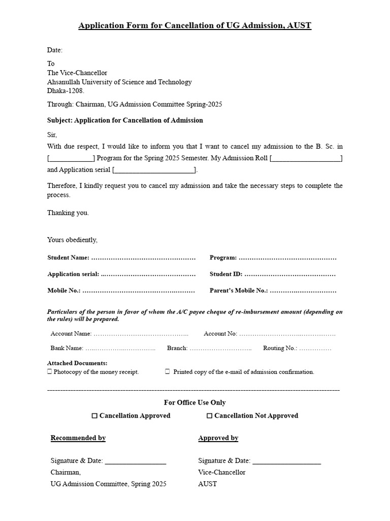 UG Admission Cancellation Form | PDF