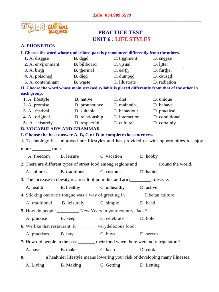 Unit 6 Practice Test: Life Styles | PDF | Water
