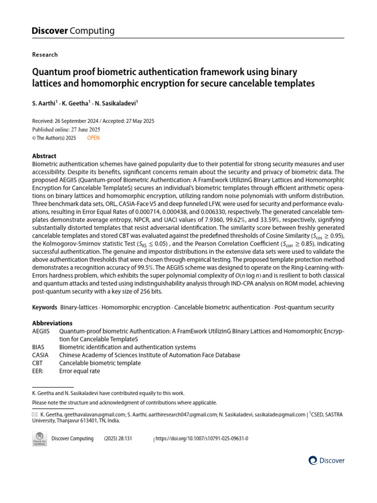 Quantum-Proof Biometric Auth Framework | PDF | Biometrics | Encryption