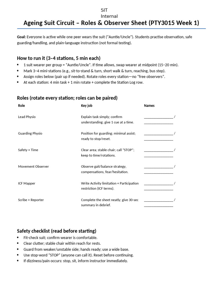 Ageing Suit Roles Observer Sheet PTY3015 v3 | PDF