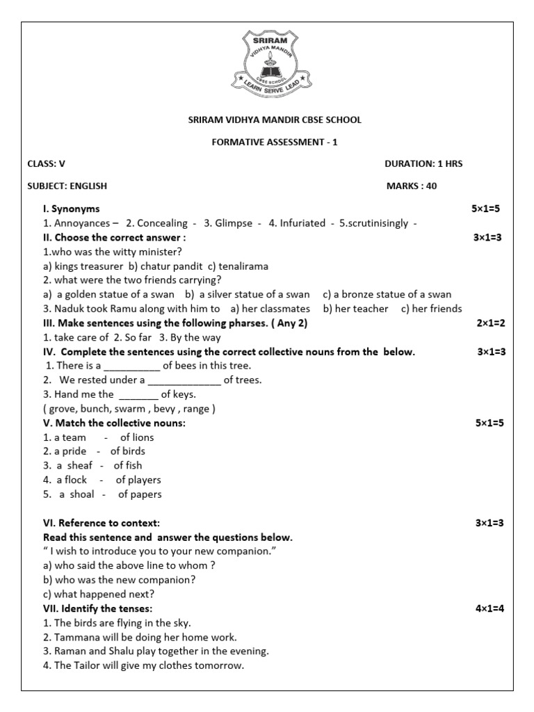 Class V English Formative Assessment | PDF | Linguistic Morphology ...
