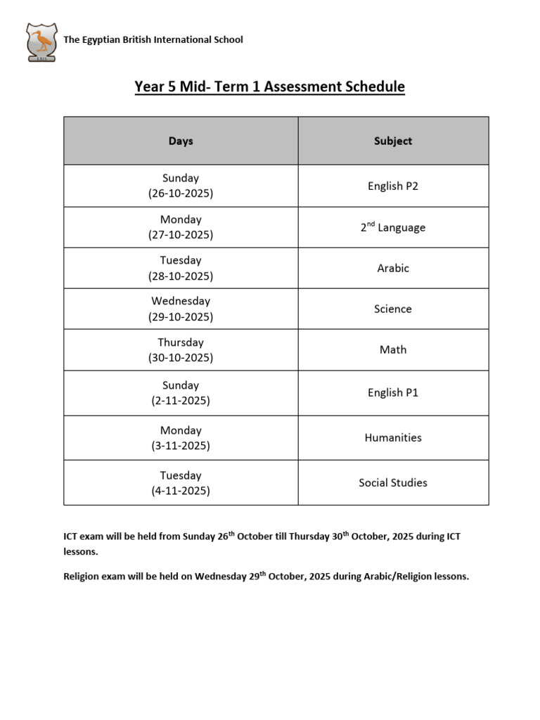 Year 5 Mid-Term Assessment Schedule | PDF