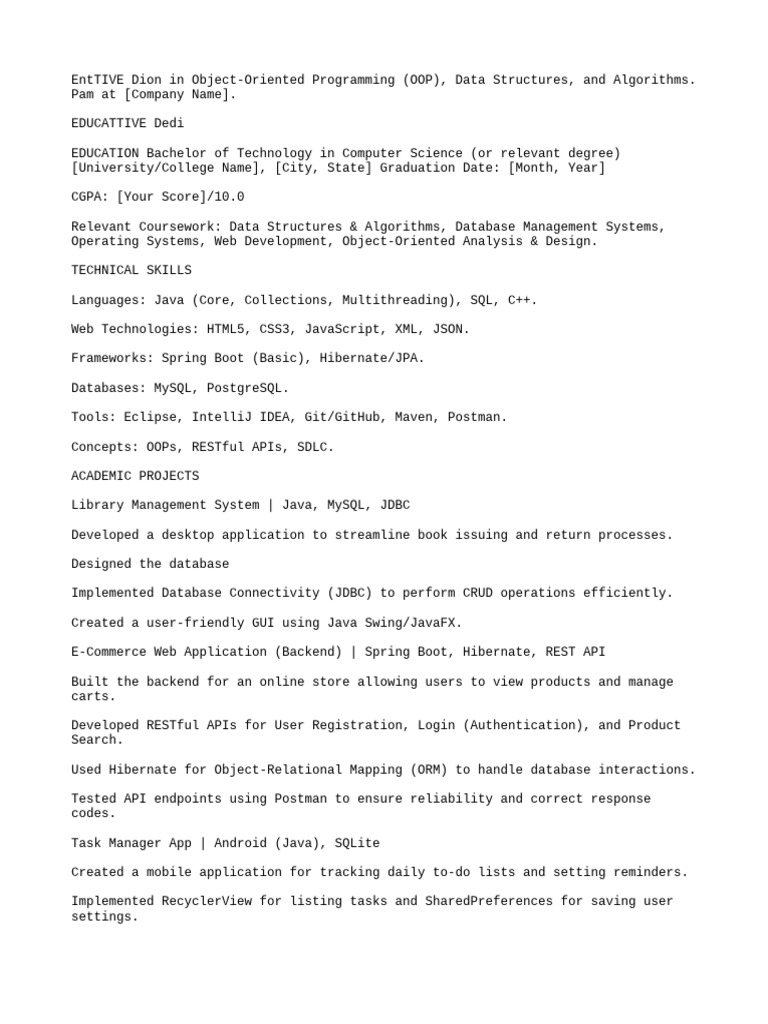 Junior Java Developer Resume Template | PDF | Databases | Java ...