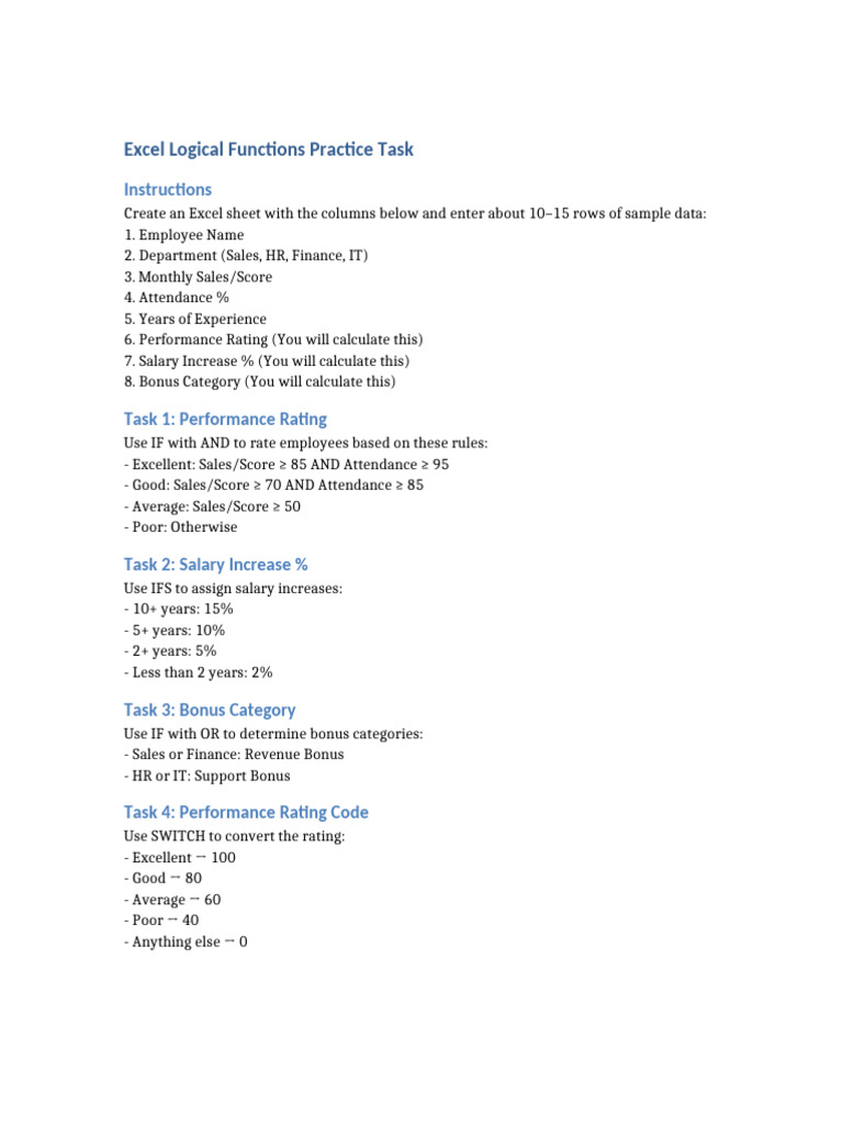 Excel Logical Functions Practice Guide | PDF