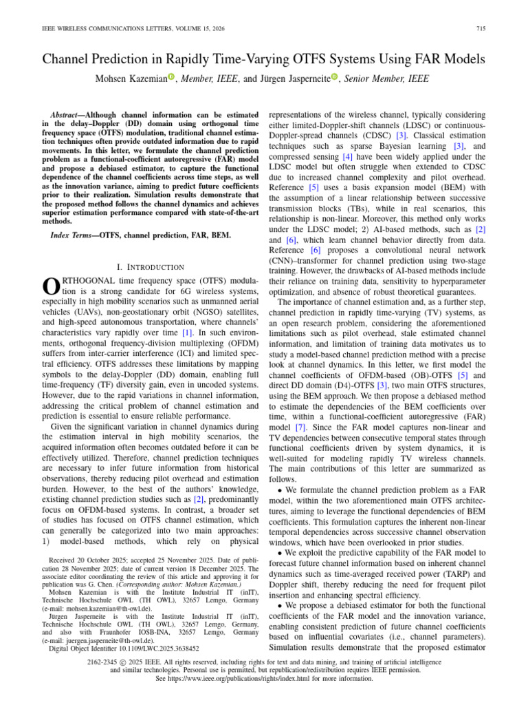 Channel Prediction in Rapidly Time-Varying OTFS Systems Using FAR ...