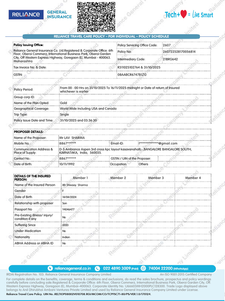 Reliance Travel Care Policy - For Individual - Policy Schedule | PDF ...