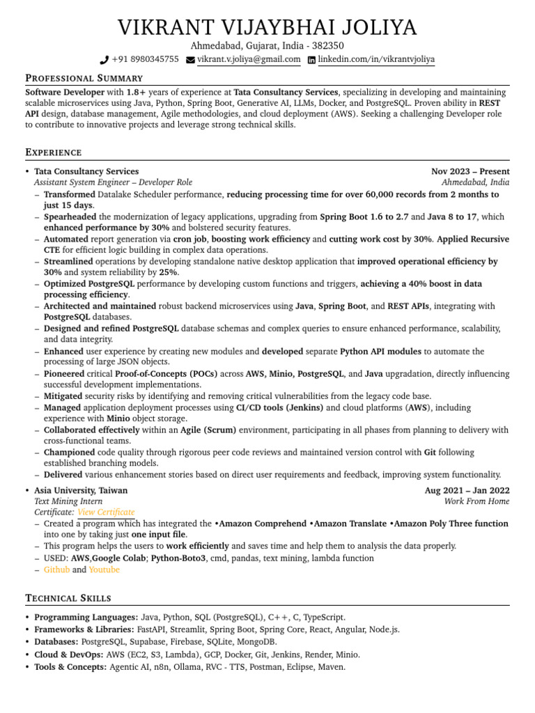 Software Developer Resume - Vikrant Joliya | PDF | Postgre Sql ...