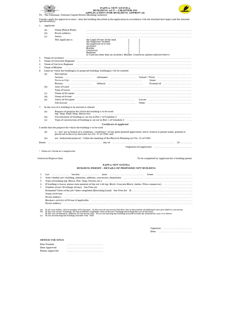 Papua New Guinea Building Approval Form | PDF