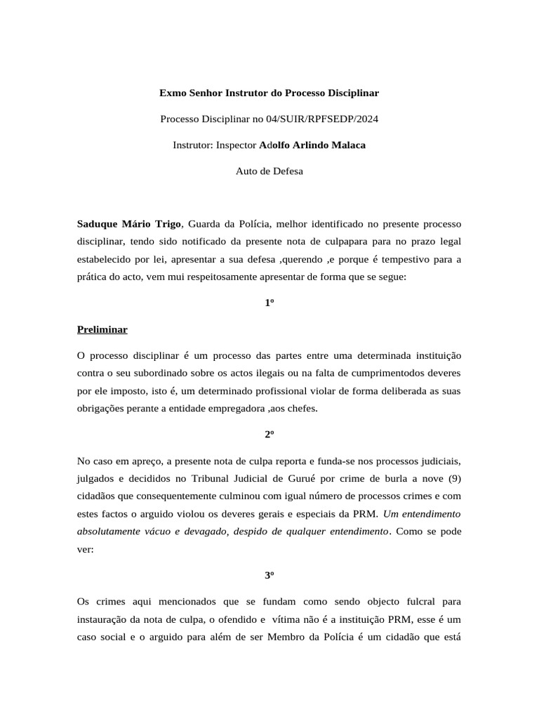 Defesa em Processo Disciplinar e Inventário | PDF | Justiça | Crime e ...