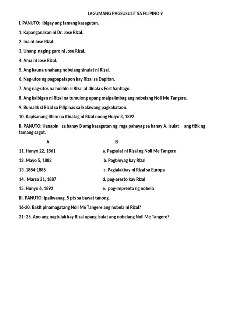 Lagumang Pagsusulit Sa Filipino 9 | PDF