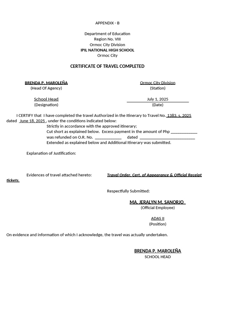 Certificate of Travel Completed Forms | PDF
