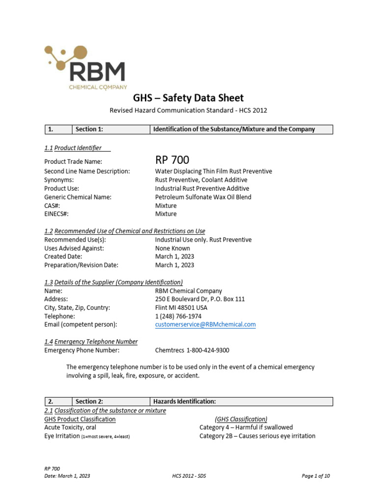 RP 700 Safety Data Sheet Overview | PDF | Dangerous Goods | Chemistry