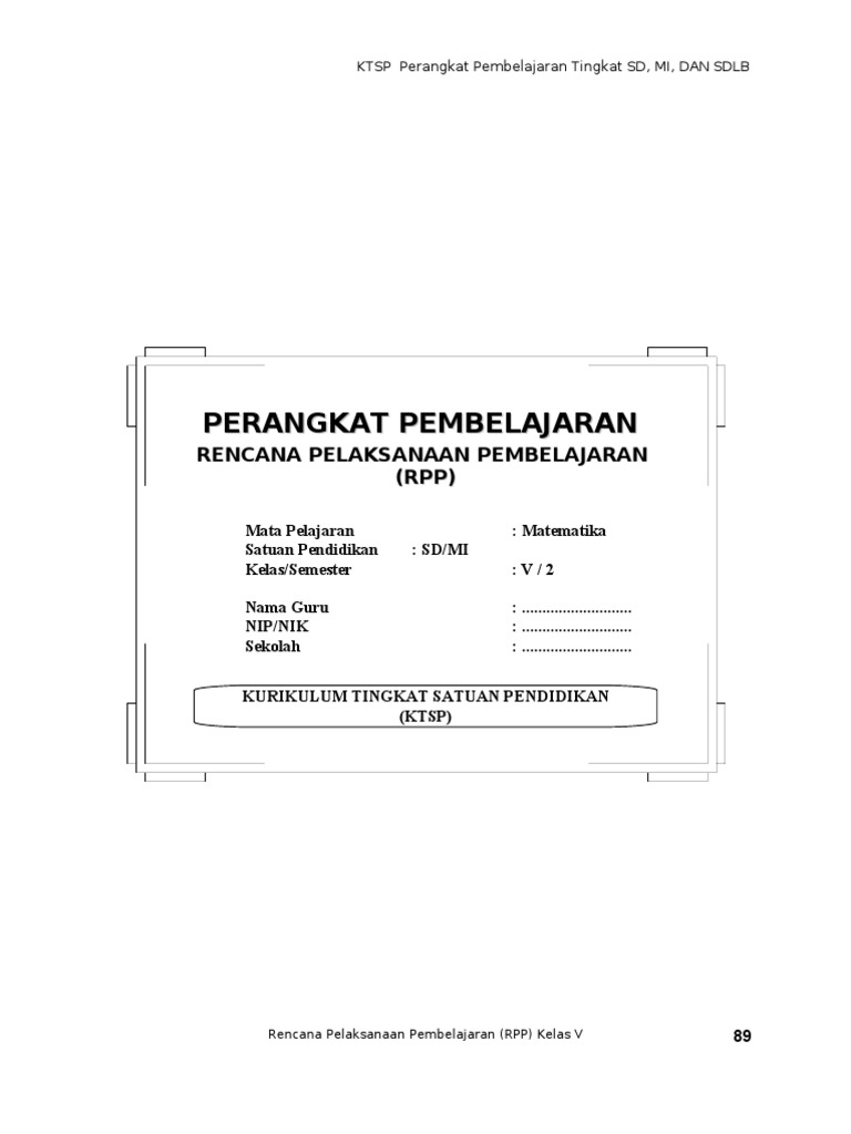 Rpp Matematika Sd Berkarakter Kelas 5 V Semester 2