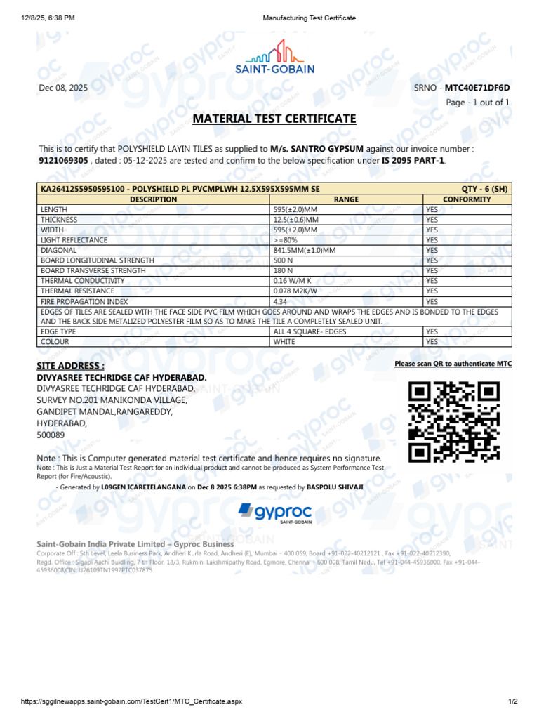 Manufacturing Test CertificateSRNO - MTC40E71DF6D | PDF