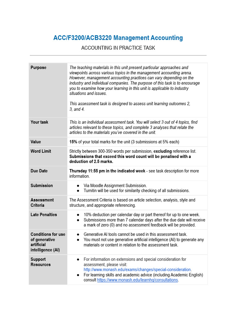 ACC/F3200/ACB3220 Management Accounting: Accounting in Practice Task ...