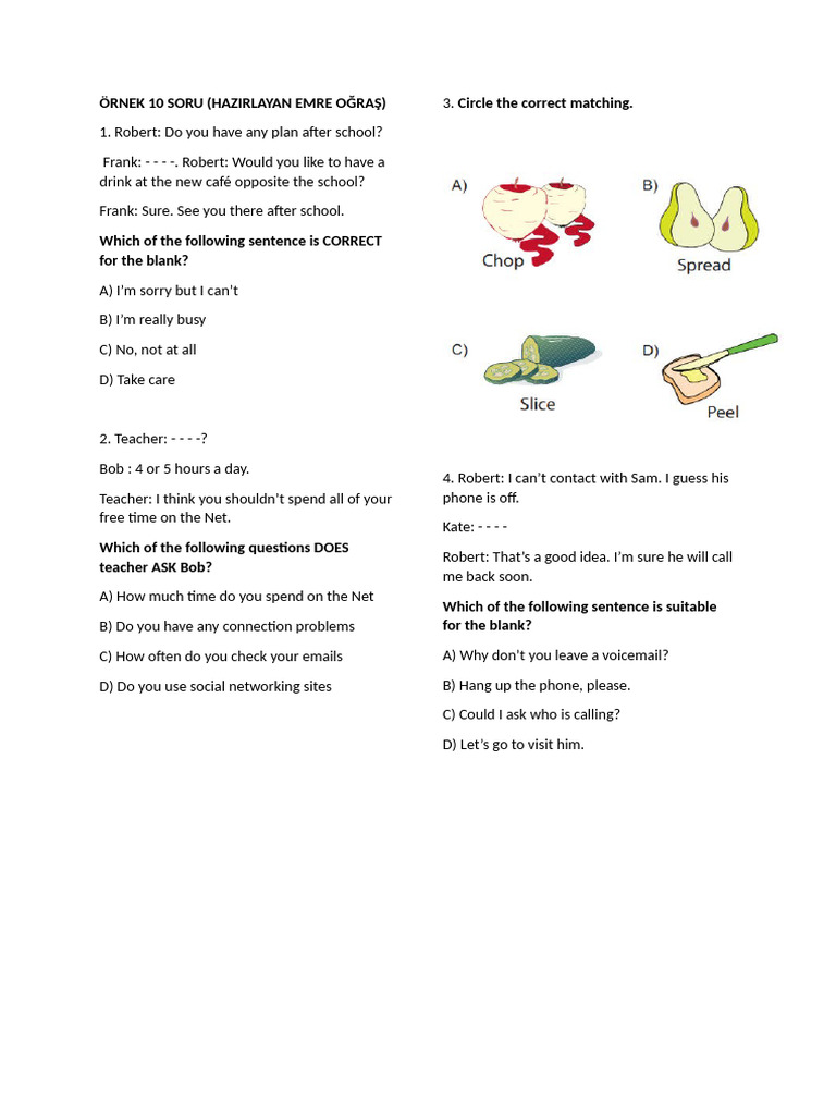 10 Sample Questions for Language Practice | PDF | Foods | Cuisine