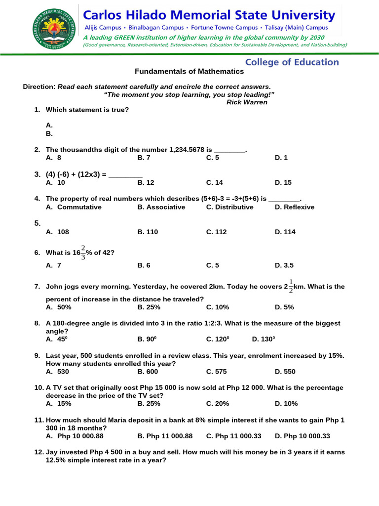 Math Fundamentals Practice Questions | PDF | Area | P Value