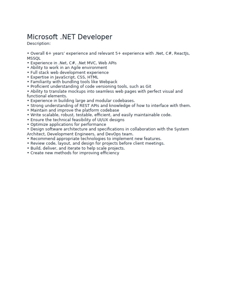 Experienced .NET Developer Profile | PDF