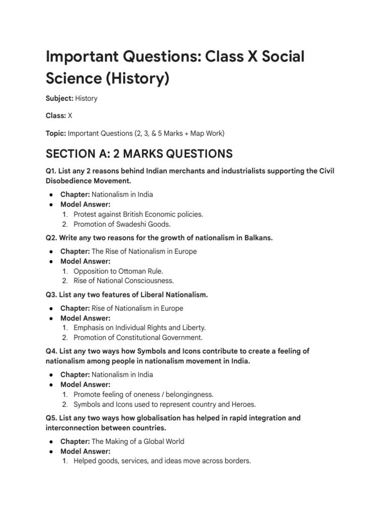 Class X History Important Questions Guide | PDF | Loans | Finance ...