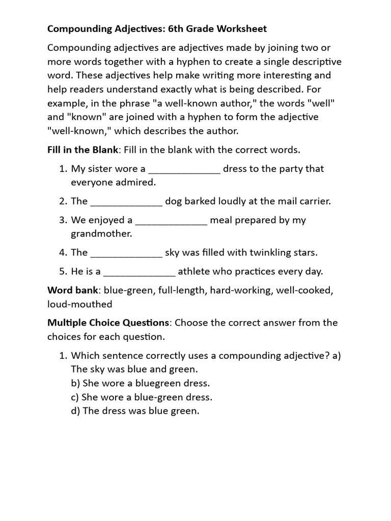 Compounding Adjectives Worksheet for 6th Grade | PDF