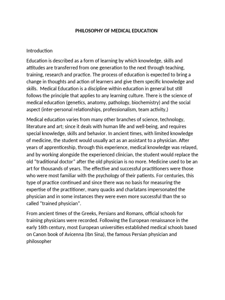 PHILOSOPHY OF MEDICAL EDUCATION (Main) | PDF | Curriculum | Physician