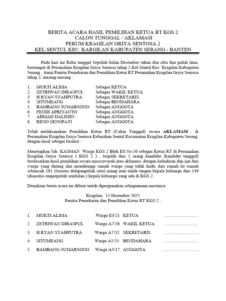 Pemilihan Ketua RT KGS 2 Aklamasi 2025 | PDF