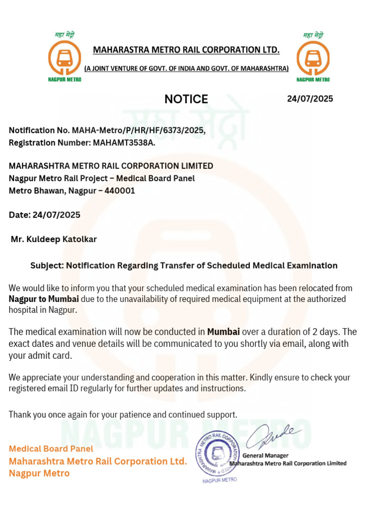 Nagpur Metro Medical Exam Relocation Notice | PDF