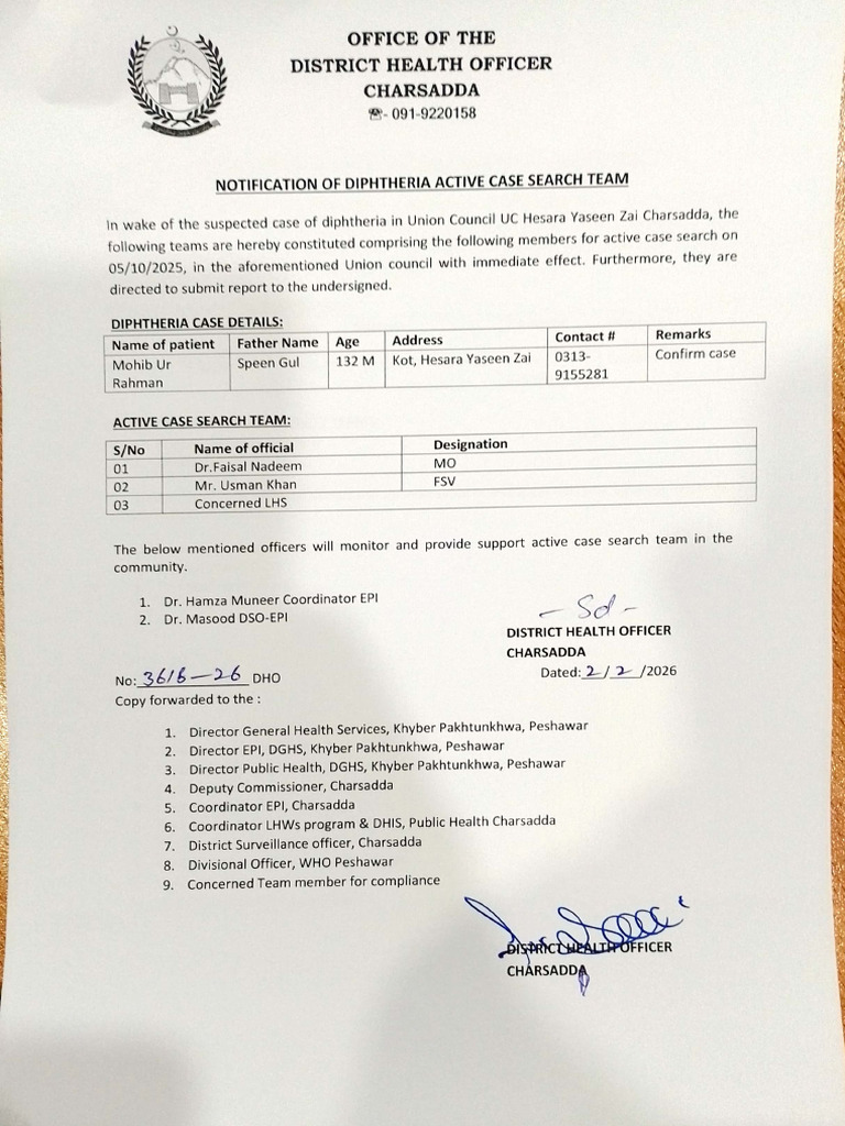 Notification of Diphtheria Active Case Search and Mop Up Response | PDF