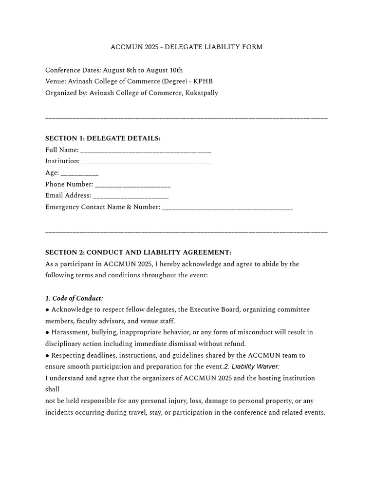 ACCMUN 2025 Delegate Liability Form | PDF | Justice | Crime & Violence