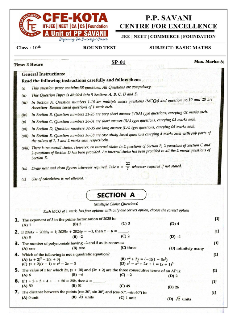 10th Basic Maths Round Test | PDF
