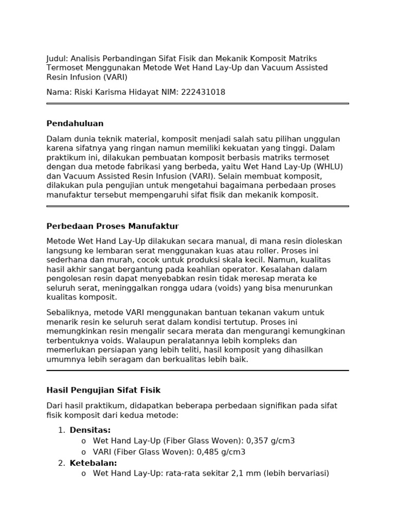 Komparasi Metode Fabrikasi Komposit VARI vs WHLU | PDF