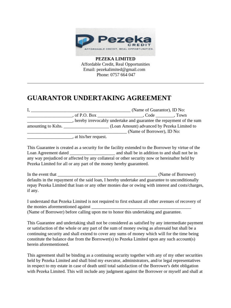 Guarantor Undertaking Agreement Template | PDF | Guarantee | Loans