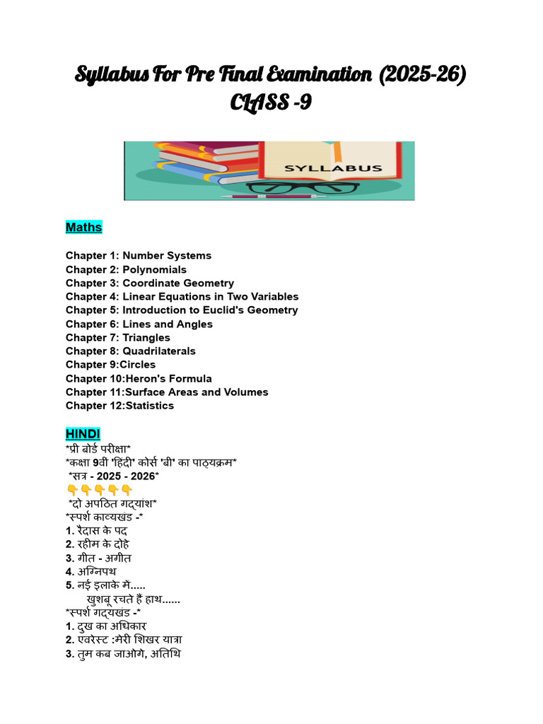Syllabus For Pre Final Examination Class 9 (2025-26) | PDF | Word | Clause