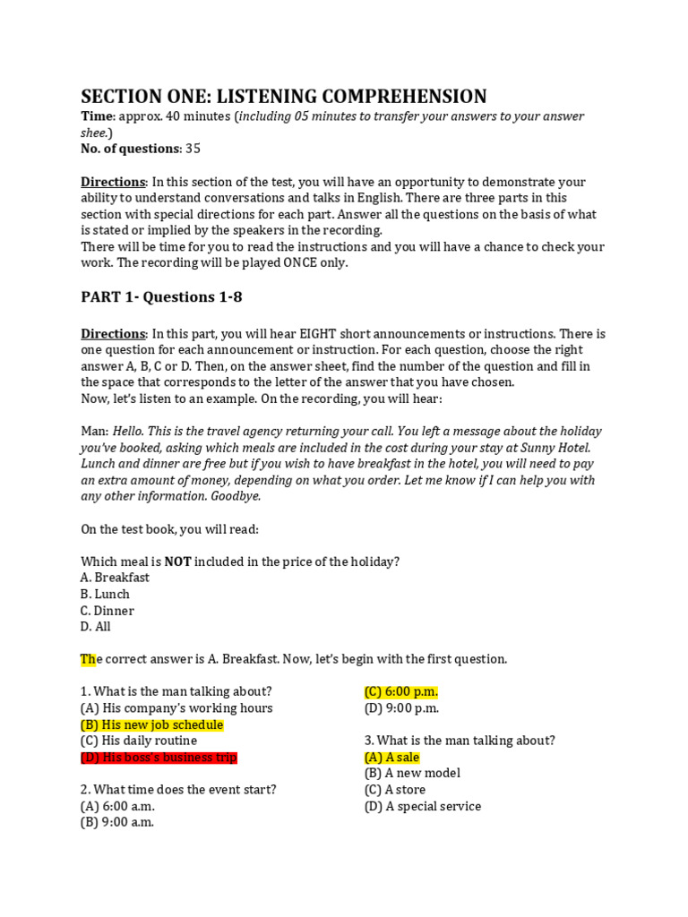 Listening Comprehension Test Guide | PDF | Plants | Meal