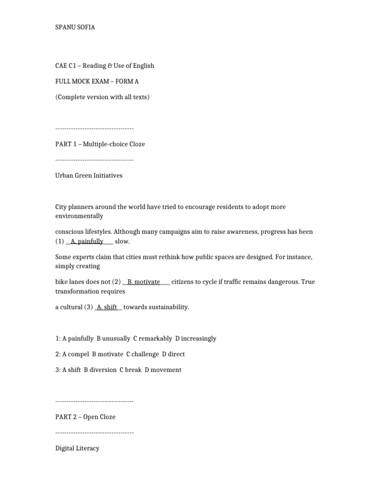 CAE C1 Full Mock Exam - Form A | PDF | Learning | Teachers