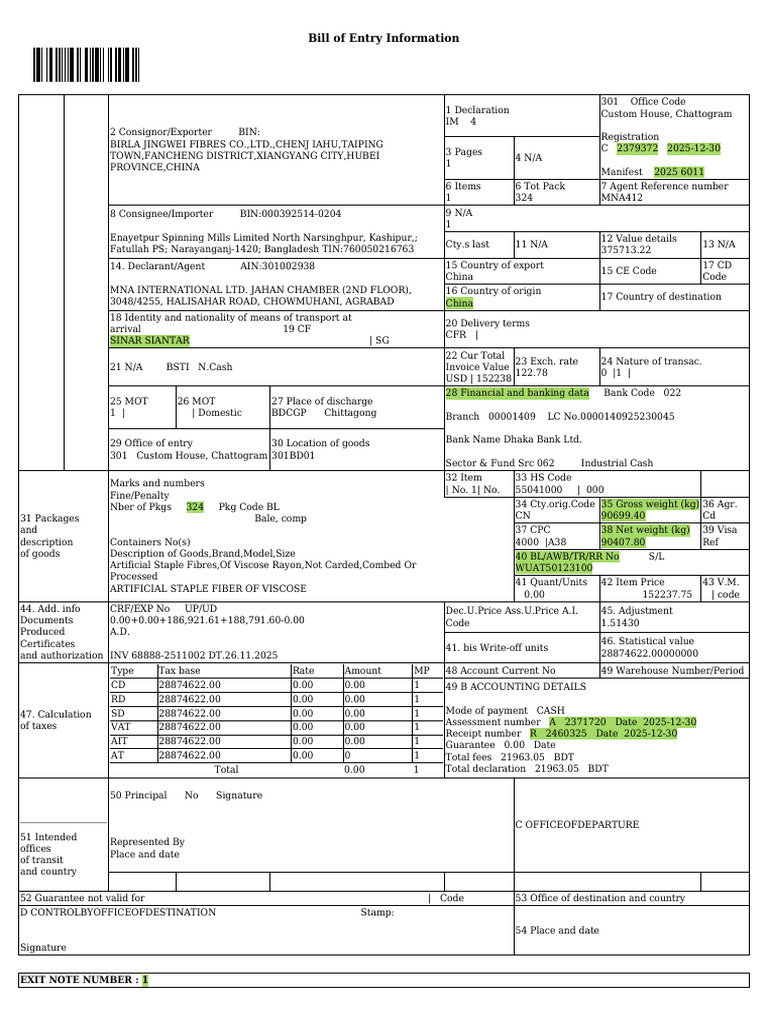 Bill of Entry for Viscose Fibers Import | PDF | Fibers | Business