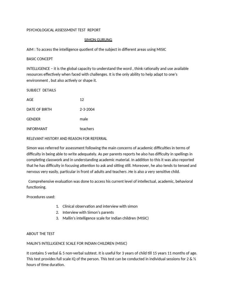 Psychological Assessment Test Report | PDF