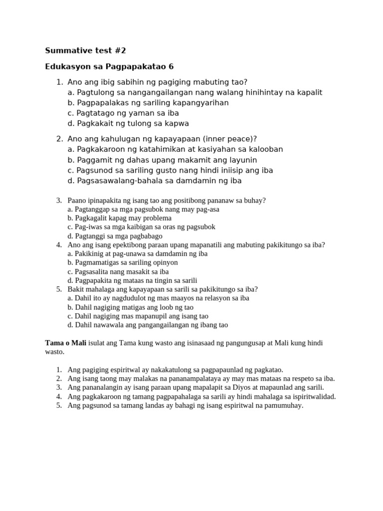 Summative Test Esp 6 q4 | PDF