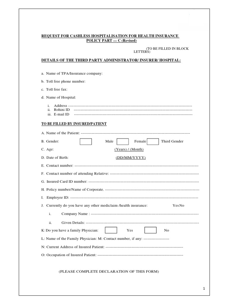 Cashless Hospitalization Request Form | PDF | Hospital | Intensive Care ...