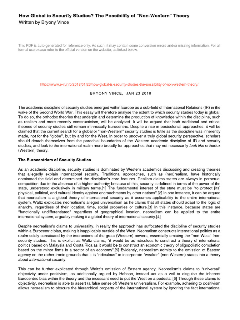 How Global Is Security Studies The Possibility of Non Western Theory ...