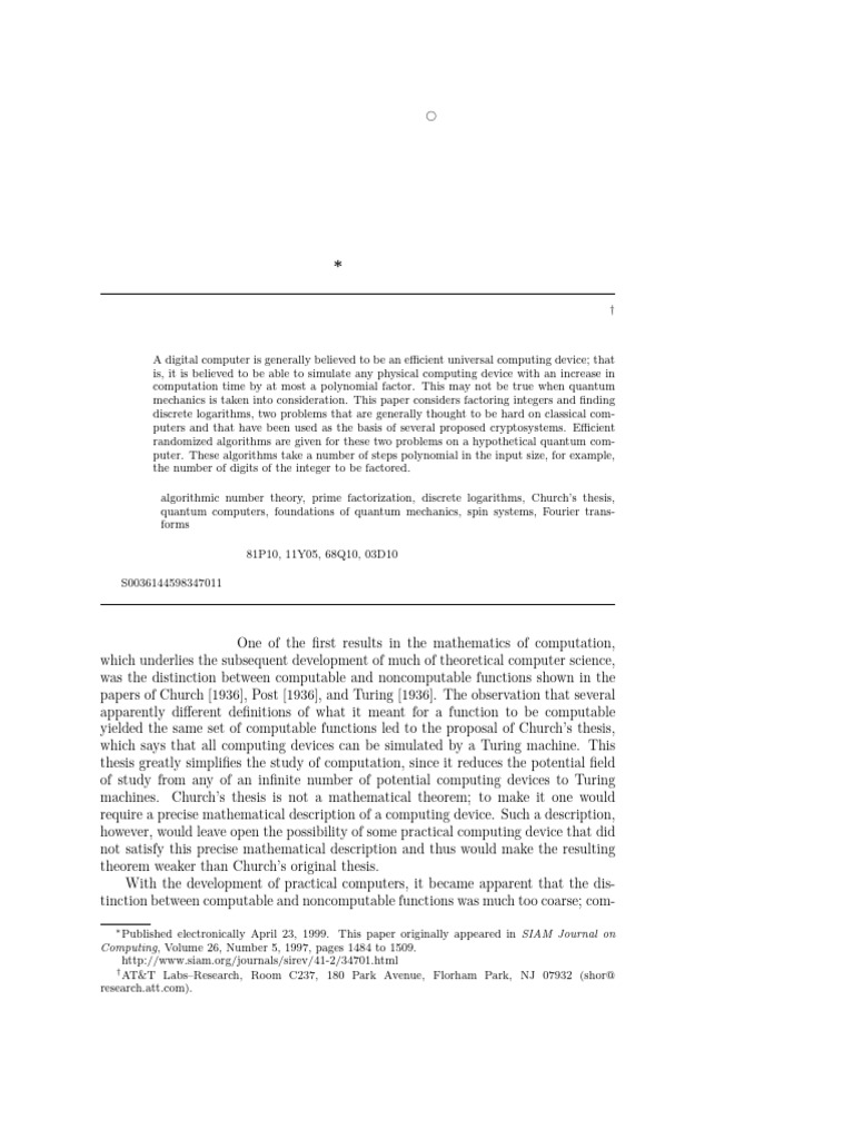 Shor, P. W. Polynomial-Time Algorithms For Prime Factorization and ...