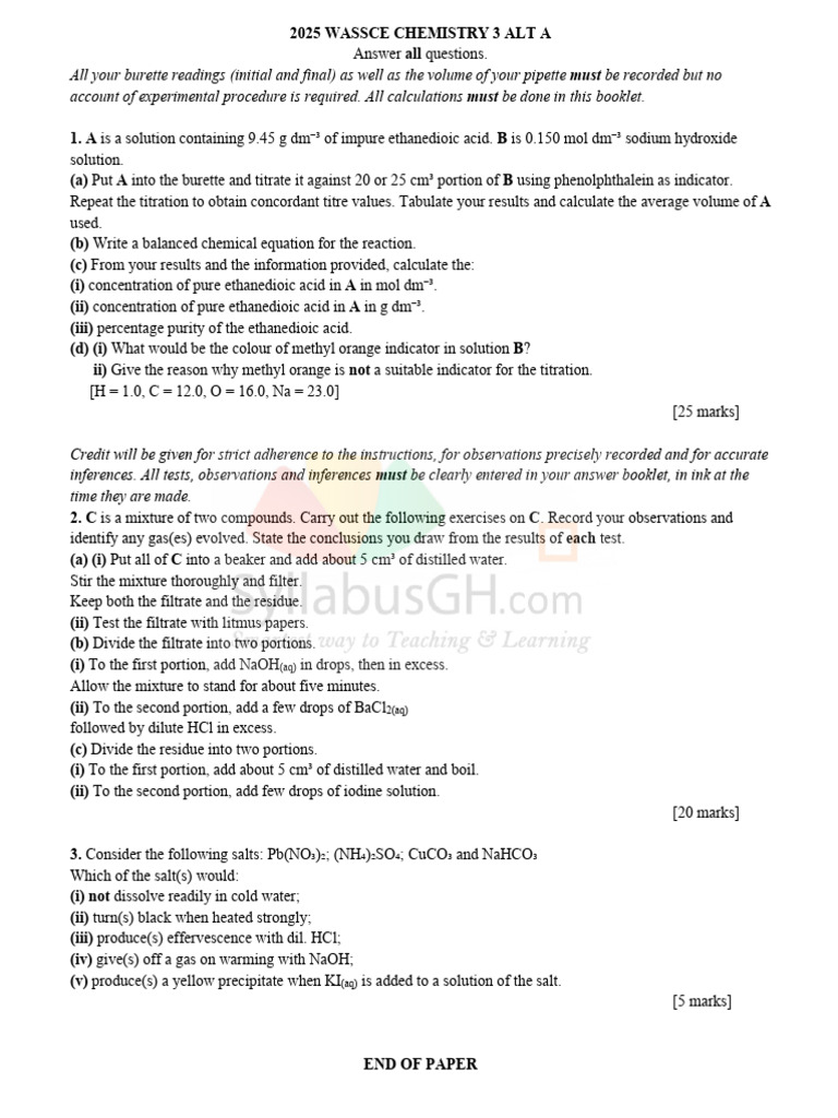 2025 WASSCE Chemistry Practical Exam | PDF | Titration | Chemistry